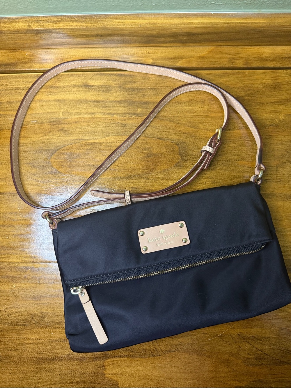 kate spade Black Crossbody with Tan Strap and Gold Plate